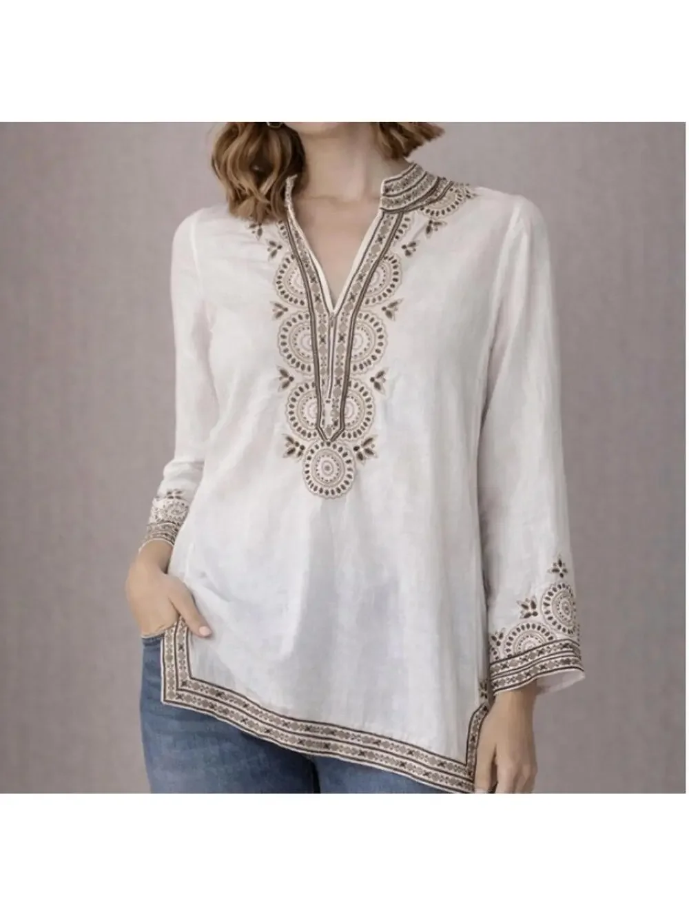 J Crew sz L white and‎ silver embellished linen V neck tunic shirt #3373